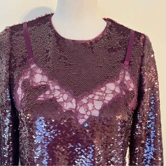 Simkhai Mako Sequin Long Sleeve Mini Dress Mangosteen Size 8 burgundy medium - Picture 4 of 9